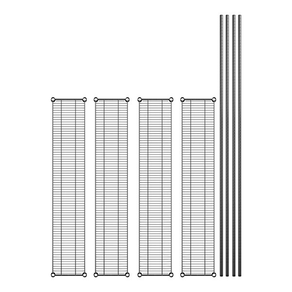 A diagram of a Regency black metal shelf kit with metal rods.