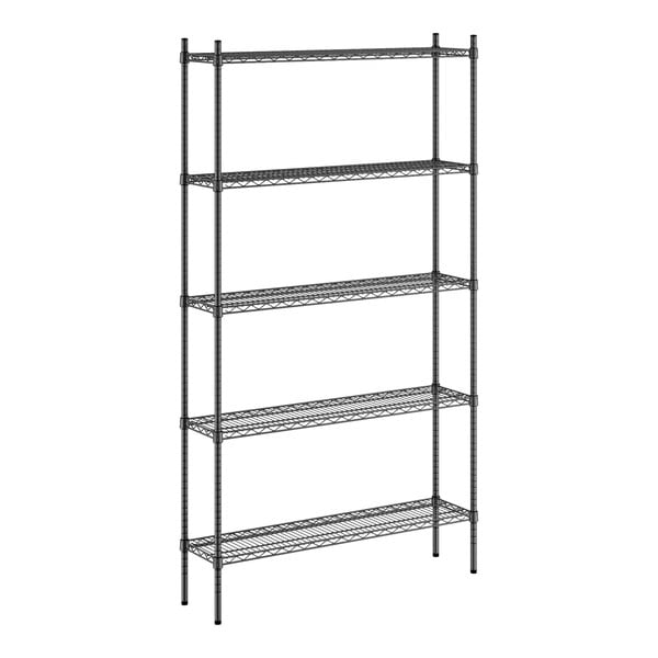 A black wire Regency shelving unit with five shelves.