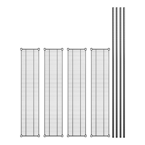 A set of four metal shelves with metal rods.