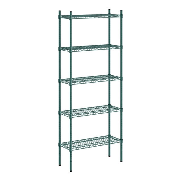 A green metal Regency wire shelving unit with five shelves.