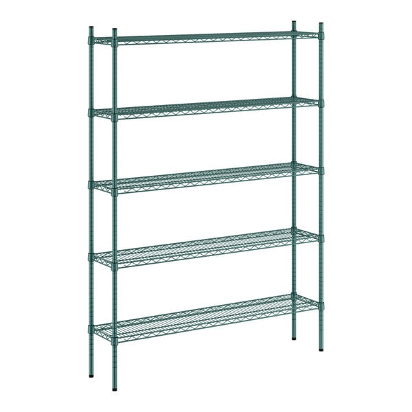 A green wire shelving unit with four shelves.