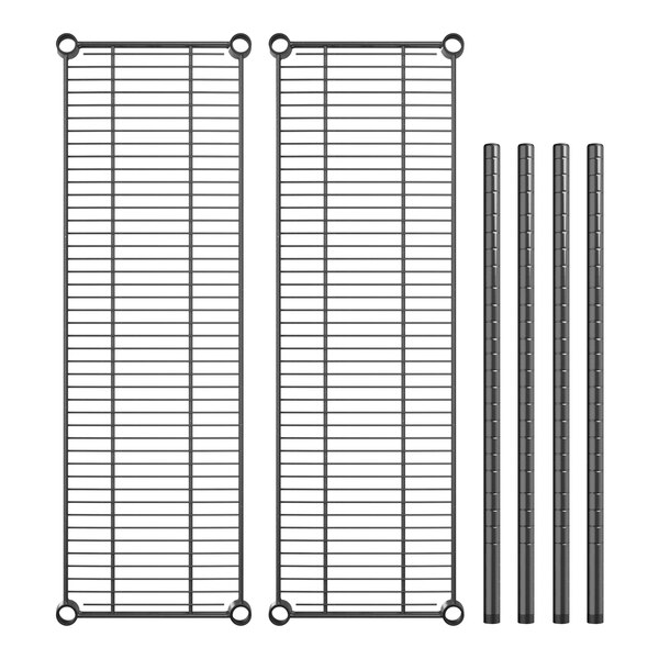 A black metal Regency 2-shelf kit with metal rods and bars.