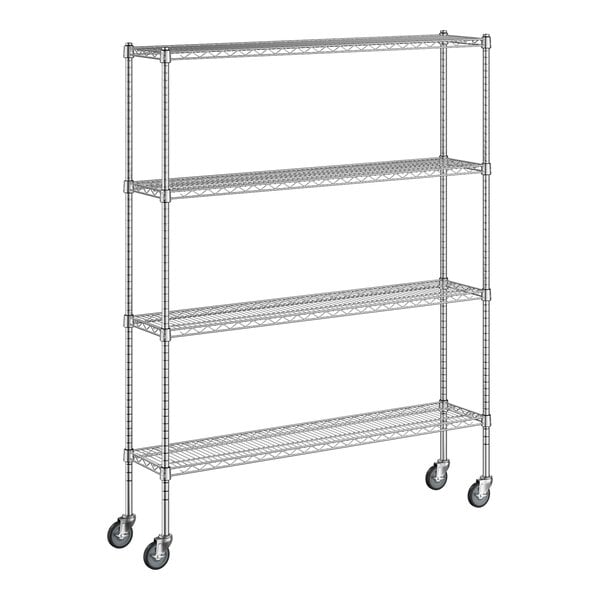 A Regency chrome wire shelving unit with wheels.