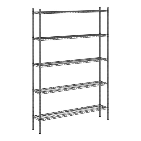 A black Regency wire shelving unit with five shelves.