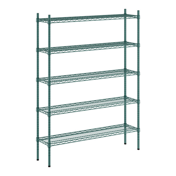 A green wire shelving unit with five shelves.