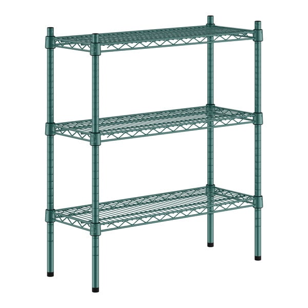 A Regency green metal shelving unit with three shelves.