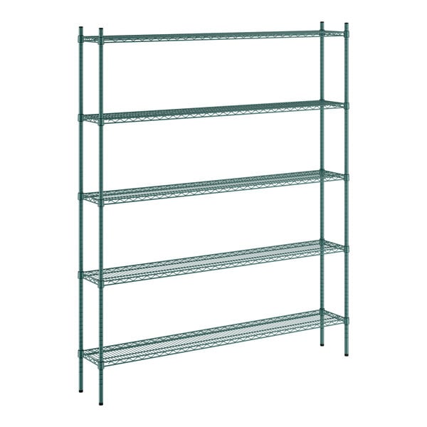 A green Regency wire shelving unit with five shelves.