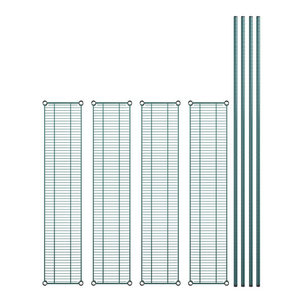 A set of green metal shelves with four shelves.