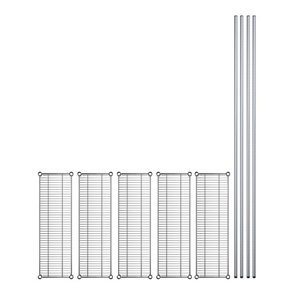 A row of Regency stainless steel shelves with metal rods on each shelf.