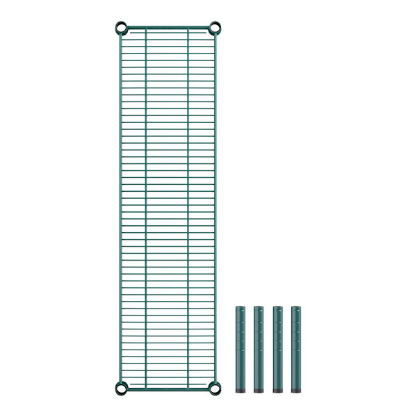 A green metal wire rack with two metal rods.