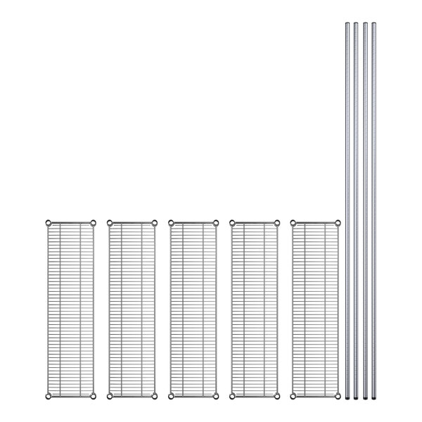 A row of metal shelves with metal bars on a white background.