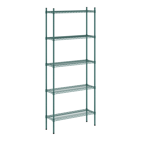 A green metal Regency shelving unit with five shelves.