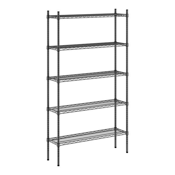 A black metal Regency wire shelving unit with four shelves.