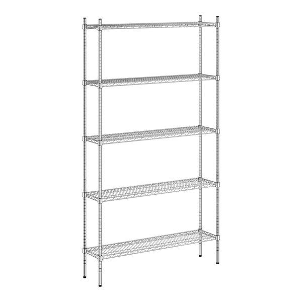 A wireframe of a Regency stainless steel metal shelving unit with four shelves.