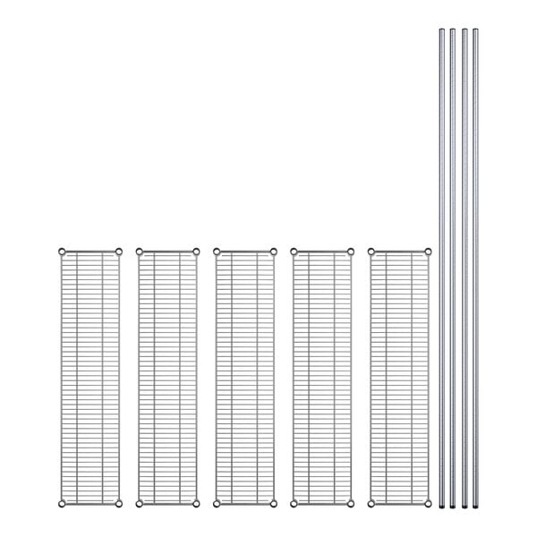 A row of Regency stainless steel shelves with metal bars.