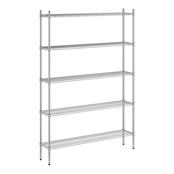 A wireframe of a Regency chrome metal shelving unit with five shelves.