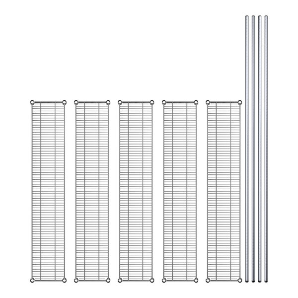 A row of metal shelves on metal rods.