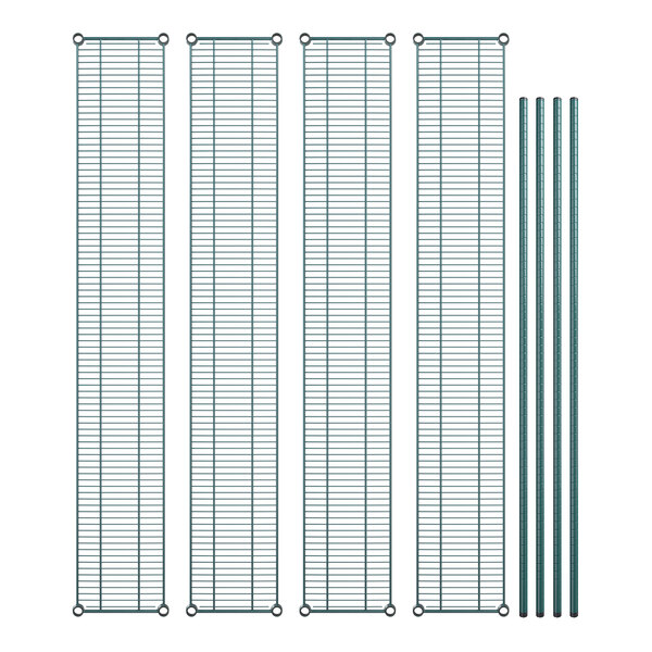 A set of four metal shelves with green metal rods.