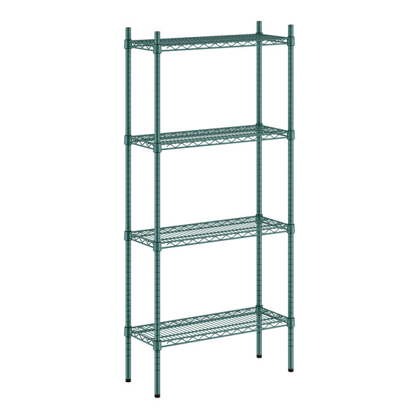 A green wire Regency shelving unit with four shelves.