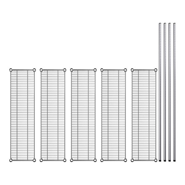 A row of Regency chrome metal shelves with metal rods.