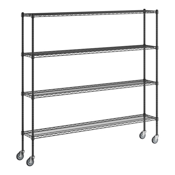 A black metal Regency wire shelving unit with casters.