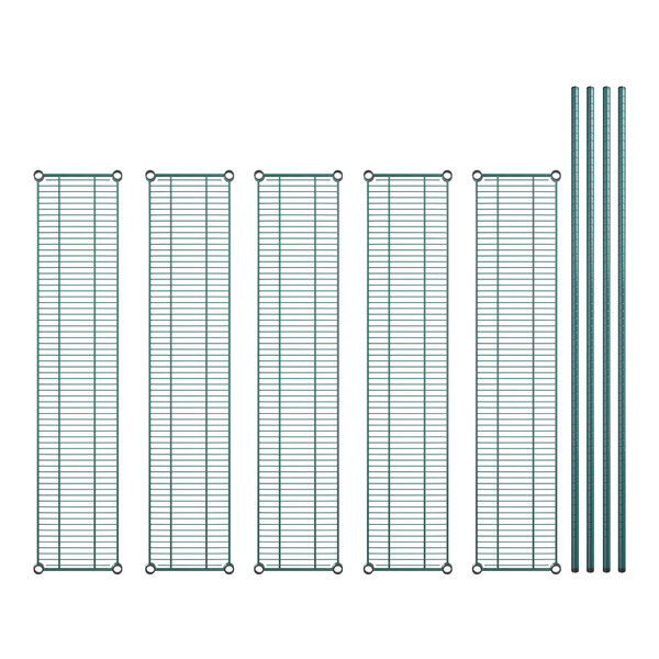 A set of four green metal grid shelves with metal rods.