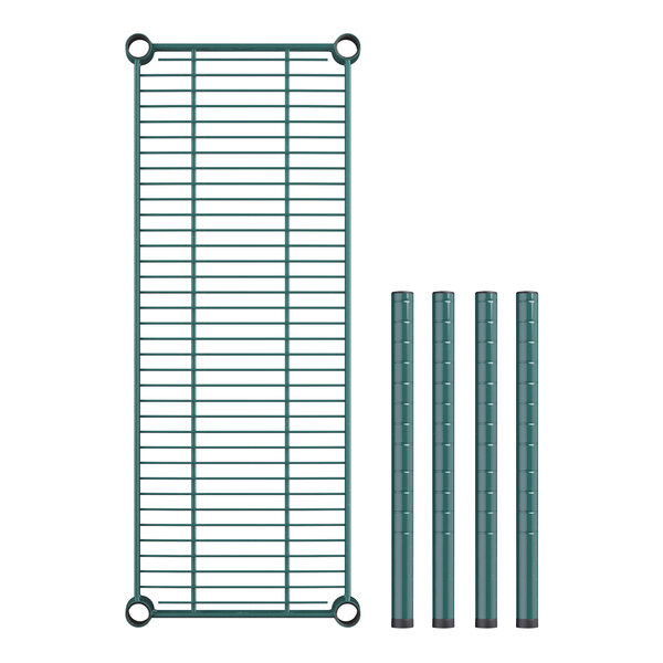 A green metal grid shelf from Regency with four metal poles.