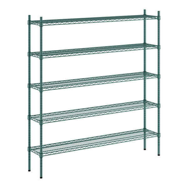 A green metal shelving unit with five shelves.