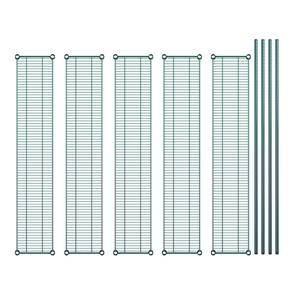 A row of green metal shelves on a grid with metal bars.