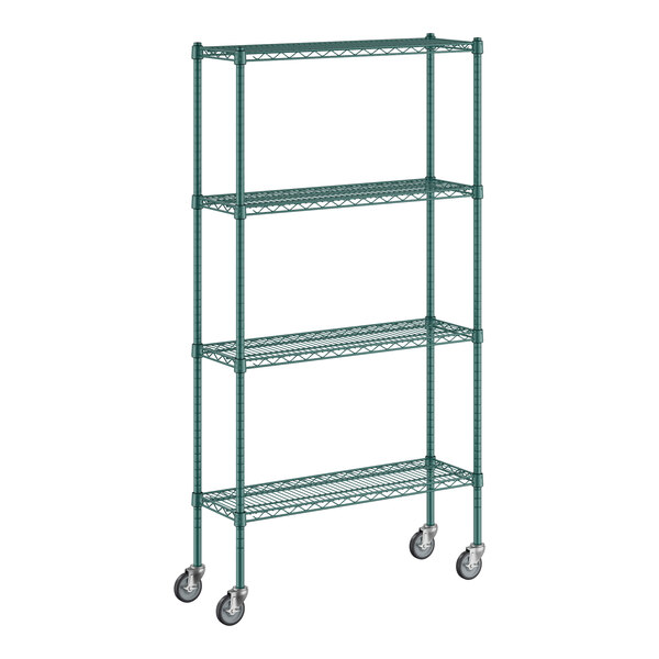 A green Regency wire shelving unit with wheels.