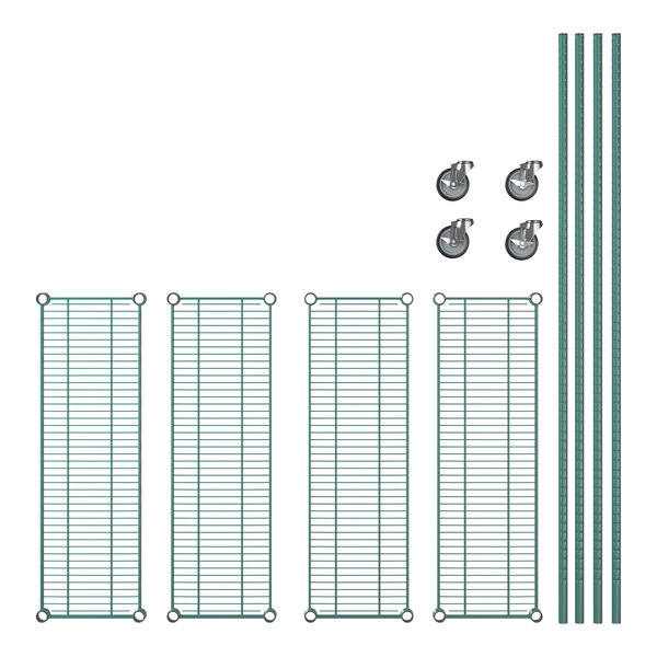 A white metal Regency shelving kit with four shelves and wheels.