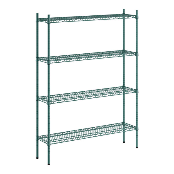 A green wire shelving unit with four shelves.