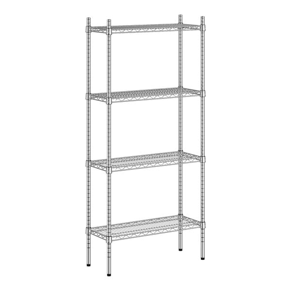 A white wireframe metal shelving unit with four shelves.