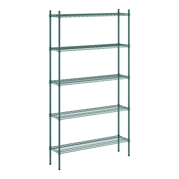 A green metal Regency wire shelving unit with four shelves.