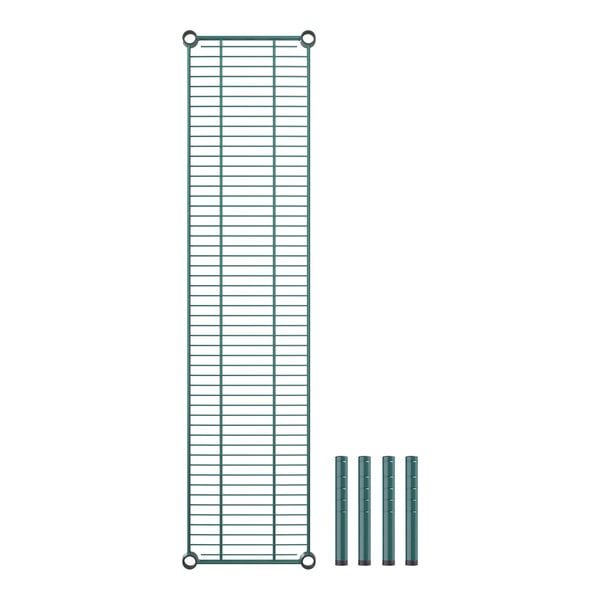 A green metal wire rack with four metal poles.