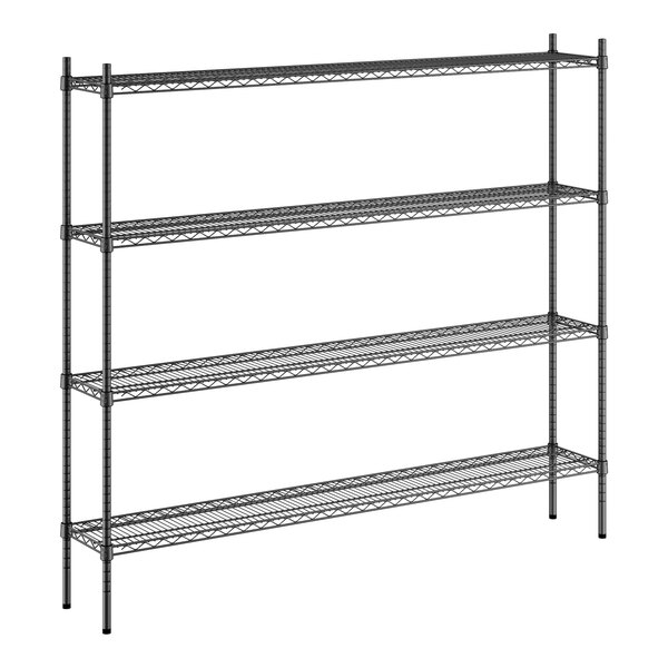 A black wire shelving unit with four shelves.