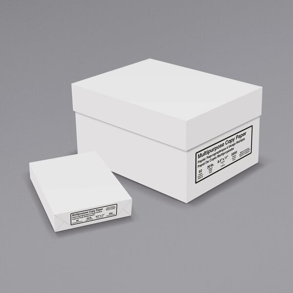 A white box with a black label containing 8 1/2" x 11" Bright White copy paper.