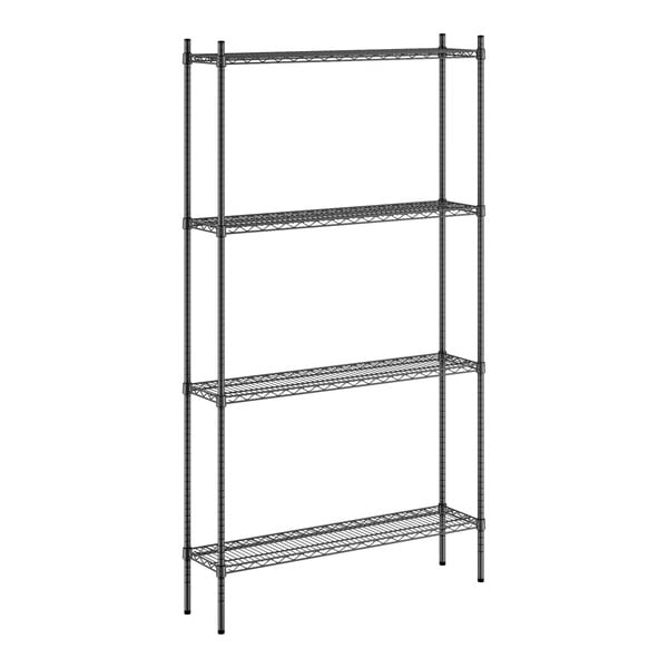 A wireframe of a black Regency metal shelving unit with four shelves.