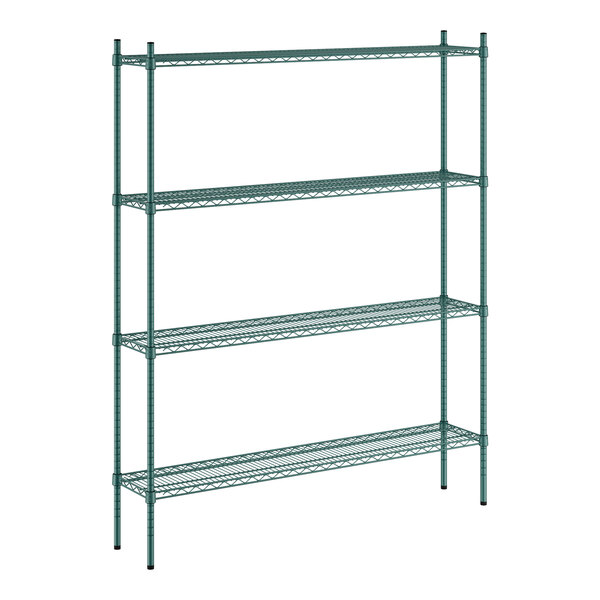 A Regency green metal wire shelving unit with four shelves.