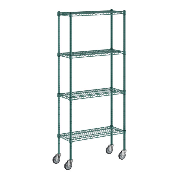 A green metal wire Regency shelving unit with casters.