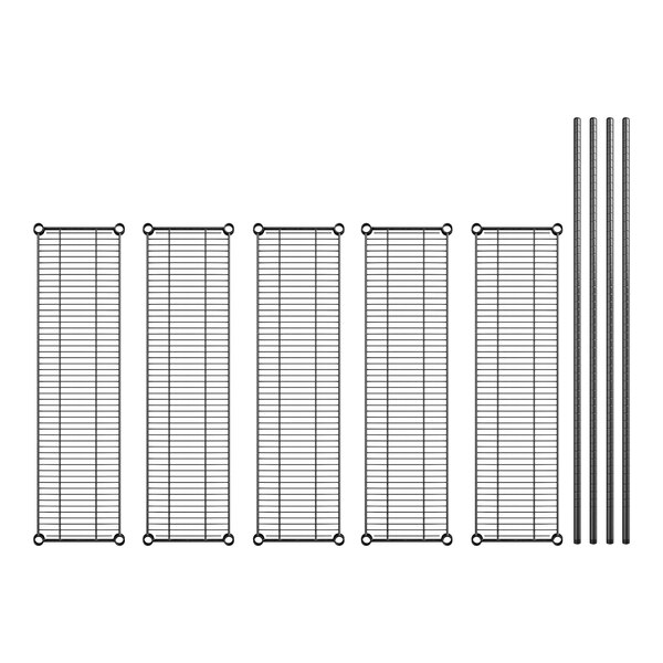 A row of Regency black metal shelves with metal rods.