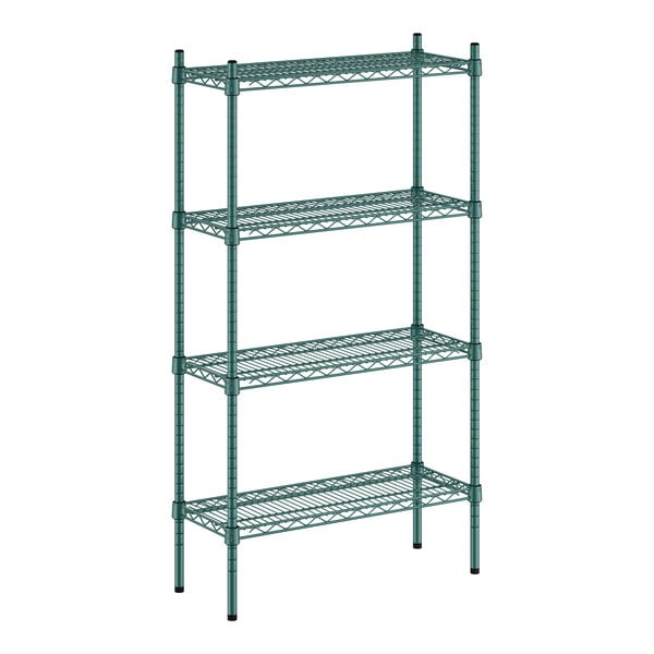 A green metal Regency shelving unit with four shelves.