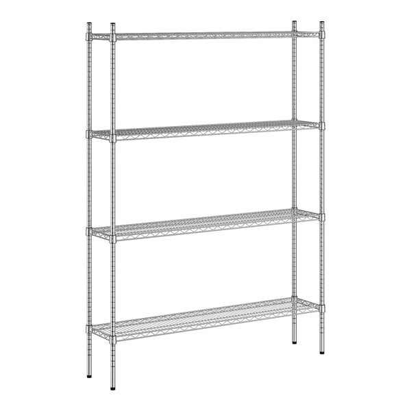 A white wireframe of a Regency metal shelving unit with four shelves.