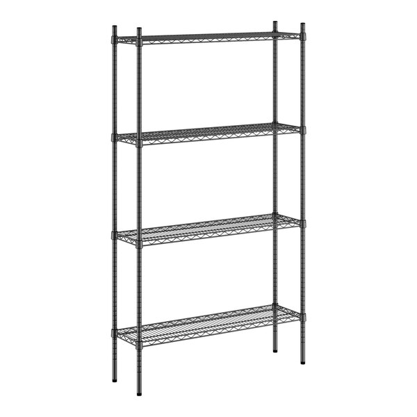 A black metal Regency wire shelf kit with four shelves.