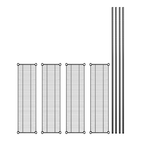 A diagram of Regency black metal shelving with four shelves and posts.