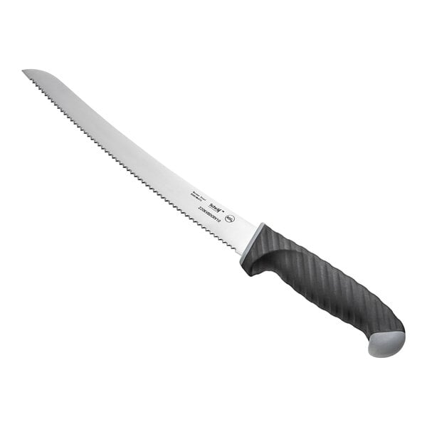A Schraf bread knife with a black handle and silver serrated blade.