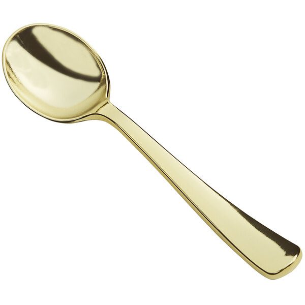 A Visions gold plastic soup spoon with a handle.