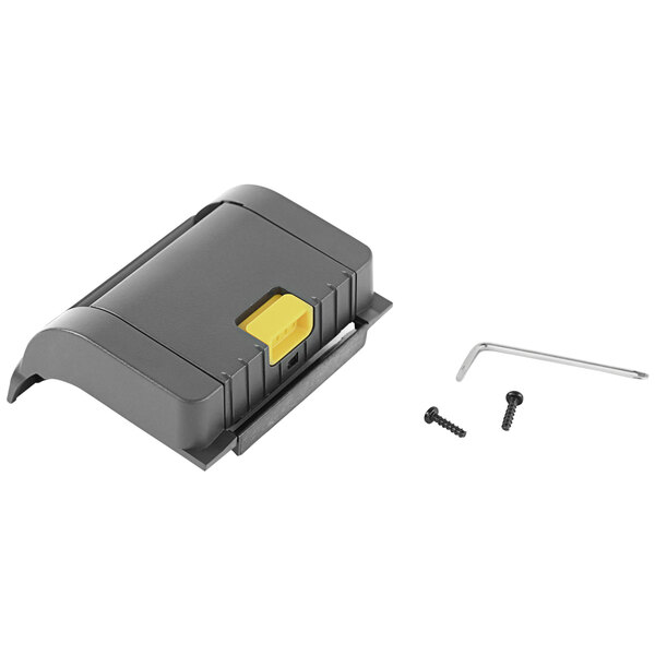 A grey plastic box with a yellow insert holding screws and a screwdriver.