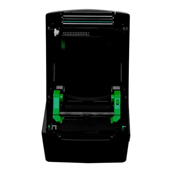 A black and green Custom 911MK010100233 D4 102 label printer with green accents.