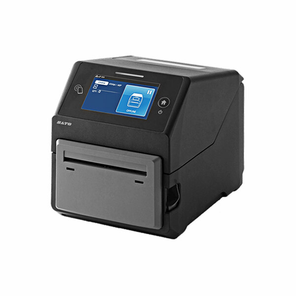 A black Sato CT4-LX barcode printer with a screen.